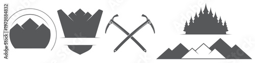 Black and white silhouette illustration featuring a round emblem or shield with mountain range pine forest and crossed ice axes. Minimalist design for mountain tourism hiking or alpine climbing.