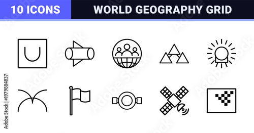 Minimalist world map and global geography outline icon set.