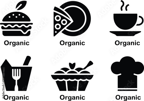 Set of six flat black organic food icons featuring various healthy meal and kitchen symbols