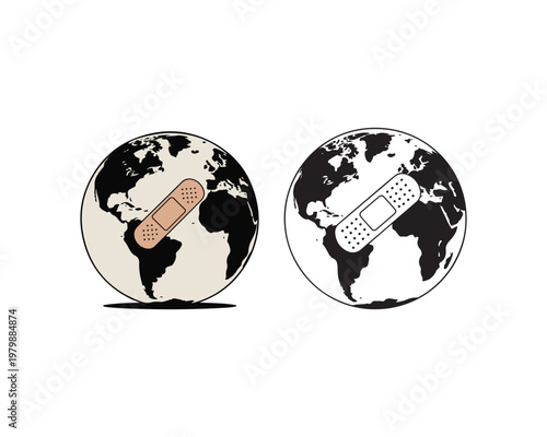 Two globes of Earth with adhesive bandages applied to heal and mend the planet Keywords: earth, globe, planet