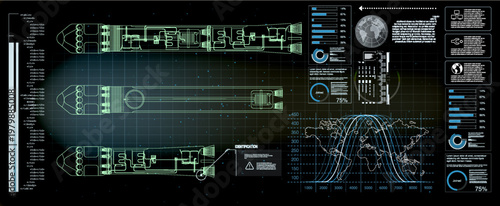 High-tech heads up display with glowing rocket blueprints. Sci-fi interface features data charts, graphs, global trajectory analysis on a dark background. Vector illustration for technology concepts
