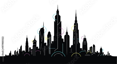 Cityscape silhouette features modern skyscrapers with glowing abstract ring paths.