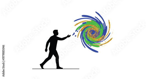 Person silhouette interacts with a vibrant swirling vortex of colorful energy.