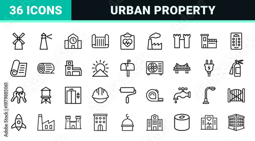 Minimalist building and property line icons for real estate architecture