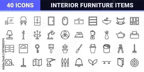 Outline furniture and home decor icon set
