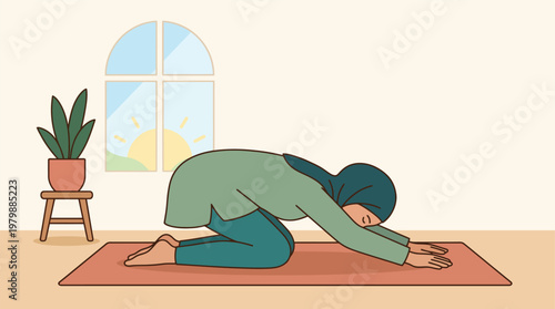 Muslim Woman in Hijab Practicing Yoga and Stretching Poses, Minimalist 2D Flat Vector Illustration for Home Workout and Fitness