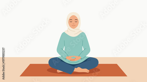 Quadro su tela Muslim Woman in Hijab Meditating in Lotus Pose, Minimalist 2D Flat Vector Illust