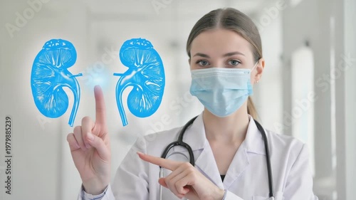 Female doctor wearing protective mask pointing at holographic kidneys projection, nephrology research, healthcare innovation, medical diagnostics, treatment, biotechnology, futuristic digital medicine