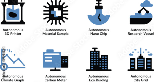 Eight modern flat icons representing autonomous technology advancements for smart cities and scientific industry development projects