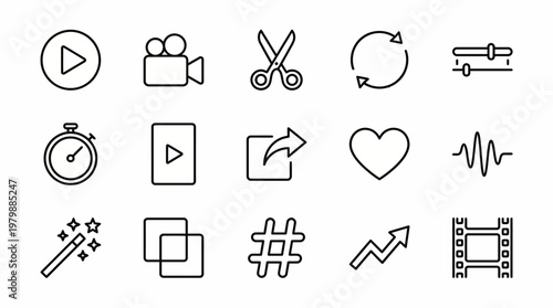 Vector Icons Collection of hand drawn video editing and social media interface icons. EPS Editable. Vector Illustrations.
