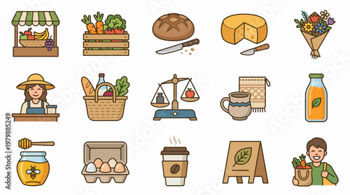 Vector Icons Collection of handdrawn icons representing a farmers market and organic produce. EPS Editable. Vector Illustrations.