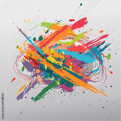 Explosion of vibrant abstract paint splatters and brush strokes in a chaotic artistic design