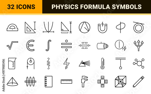 Minimalist math and physics technical diagram outline icon set