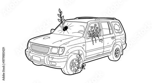 Luxury Style Ruined SUV with Botanical Accent Outline