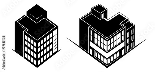 Multi story office building with large windows and boxy structure in black and white isometric style