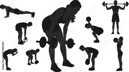 Fitness exercise silhouettes, strength training poses, gym workout figures, flat vector illustration