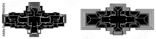 Architectural floor plans of symmetrical modern buildings in flat technical style