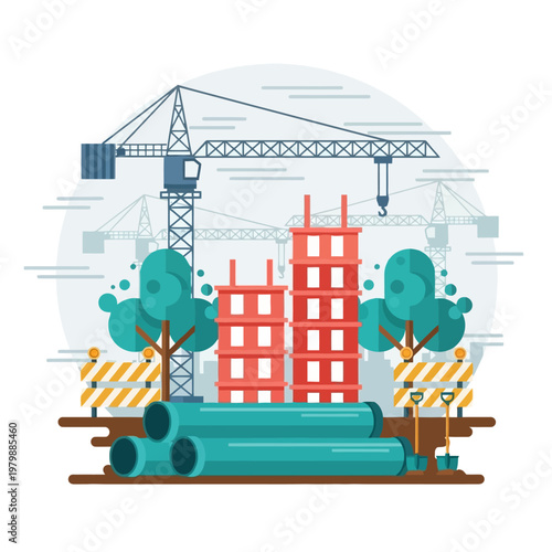 Construction Site With Crane And Pipes.