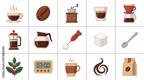 Vector Icons Set of coffee preparation icons and barista tools illustrations. EPS Editable. Vector Illustrations.