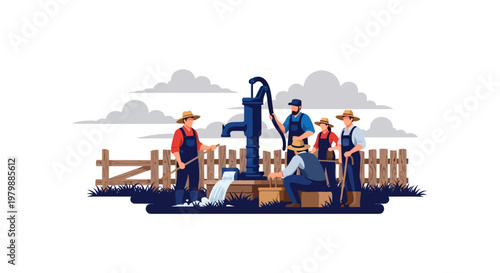 Farmers gather around a traditional hand pump for water in a rural setting.