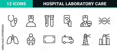 Minimalist medical and healthcare outline icon set for hospital and laboratory ui