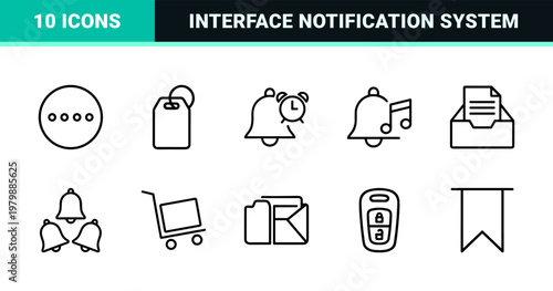 Minimalist outline notification and alert bell icon set for digital interface