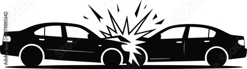 Two cars collide head on silhouette vector icon with striking black crash illustration suitable for road safety signage traffic alerts and risk awareness