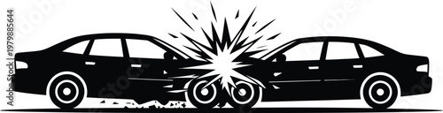 Two cars collide head on silhouette vector icon showcasing intense collision scene in minimal black style for accident reports safety graphics and warning symbols