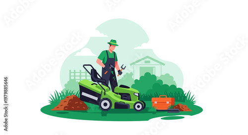 Gardener with lawnmower and gardening tools in a vibrant outdoor setting.