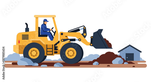 Heavy machinery front end loader moving earth and debris on construction site.