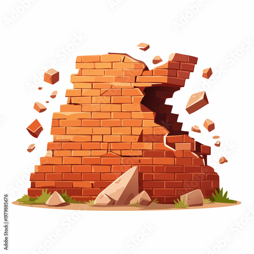 Cracked brick wall crumbling and breaking apart with debris flying