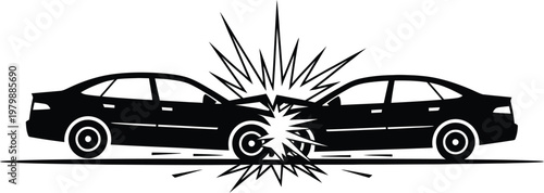 Two cars collide head on silhouette vector icon featuring dramatic impact scene in bold black style for accident warning safety and insurance design
