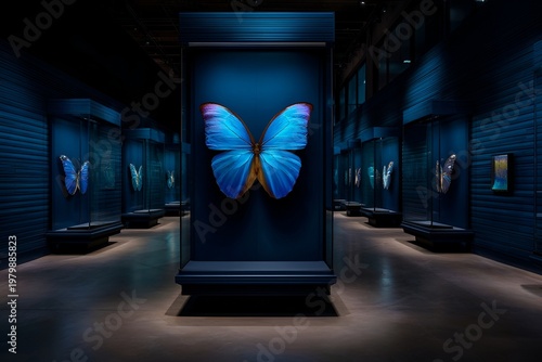 Large blue butterfly display in an art gallery with smaller butterfly exhibits around it at night