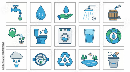 Vector Icons Set of fifteen colorful hand drawn water and environment related doodle icons. EPS Editable. Vector Illustrations.