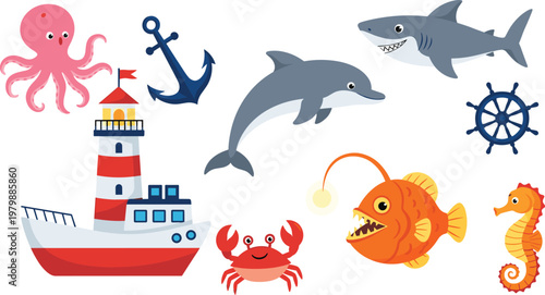Cute marine sea life collection with octopus, dolphin, shark, crab, seahorse, lighthouse, ship and anchor vector illustration for kids design