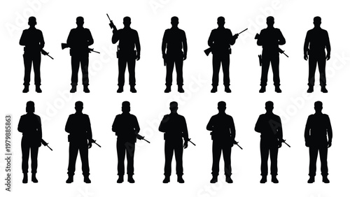 A collection of silhouetted soldiers some holding rifles standing in formation against a plain white background high quality professional detailed modern