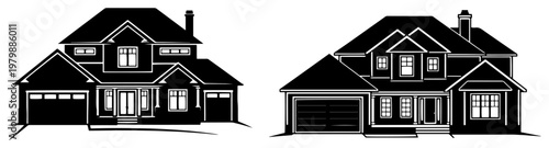 Suburban family house exterior silhouettes with gabled roofs in black and white graphic style