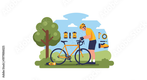 Man preparing for a bicycle ride with various cycling accessories.