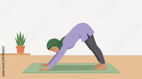 Muslim Woman in Hijab Practicing Yoga and Stretching Poses, Minimalist 2D Flat Vector Illustration for Home Workout and Fitness
