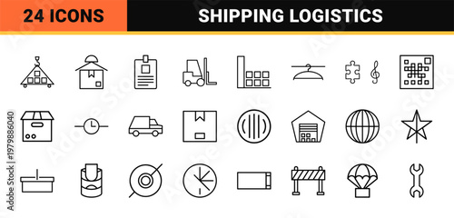Warehouse and logistics minimalist outline icon set.