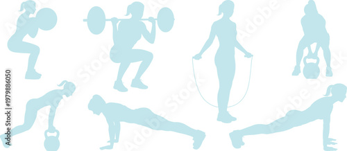 Fitness exercise silhouettes, workout poses with kettlebell barbell jump rope, flat vector