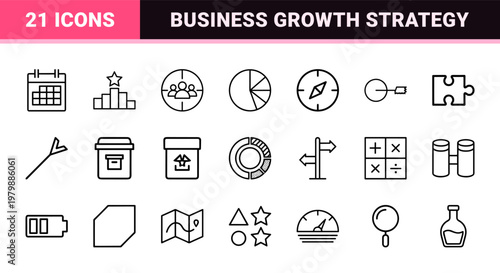 Business data analytics and information visualization line icons