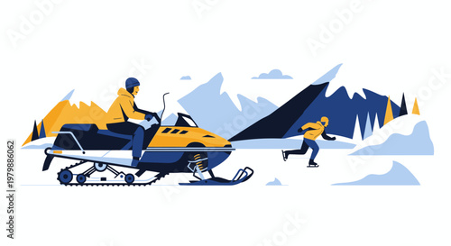 Man riding a snowmobile on a snowy terrain with another person running.