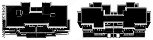 Architectural floor plans showing building site layout from top view in white on black vector style