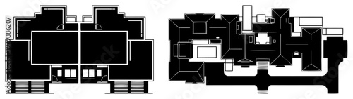 Architectural floor plans of modern houses and building layouts in flat technical style