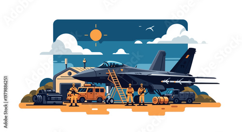 Military personnel servicing a fighter jet.