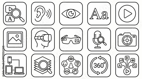 Vector Icons Set of multimedia and technology line icons for digital content analysis. EPS Editable. Vector Illustrations.