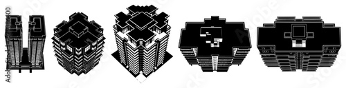 Skyscrapers and urban high-rise building collection in detailed line art perspective