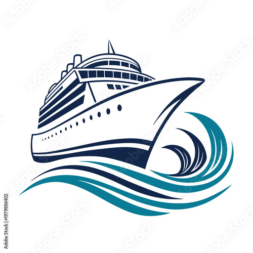 Modern cruise ship logo combining wave and vessel elements. Ideal for travel agencies, booking platforms, and cruise businesses.