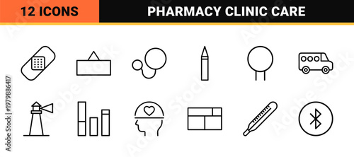 Medical healthcare outline icons for pharmacy and hospital services